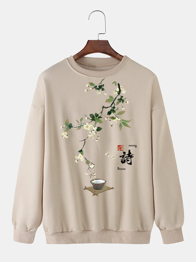 Mens Chinese Style Floral Print Crew Neck Pullover Sweatshirts Winter