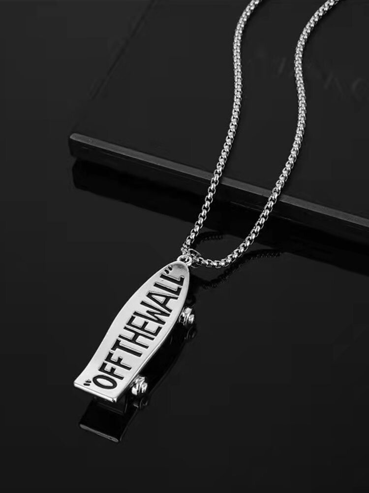 Trendy Simple Carved Letters Skateboard-shaped Pendant Titanium Steel Necklace