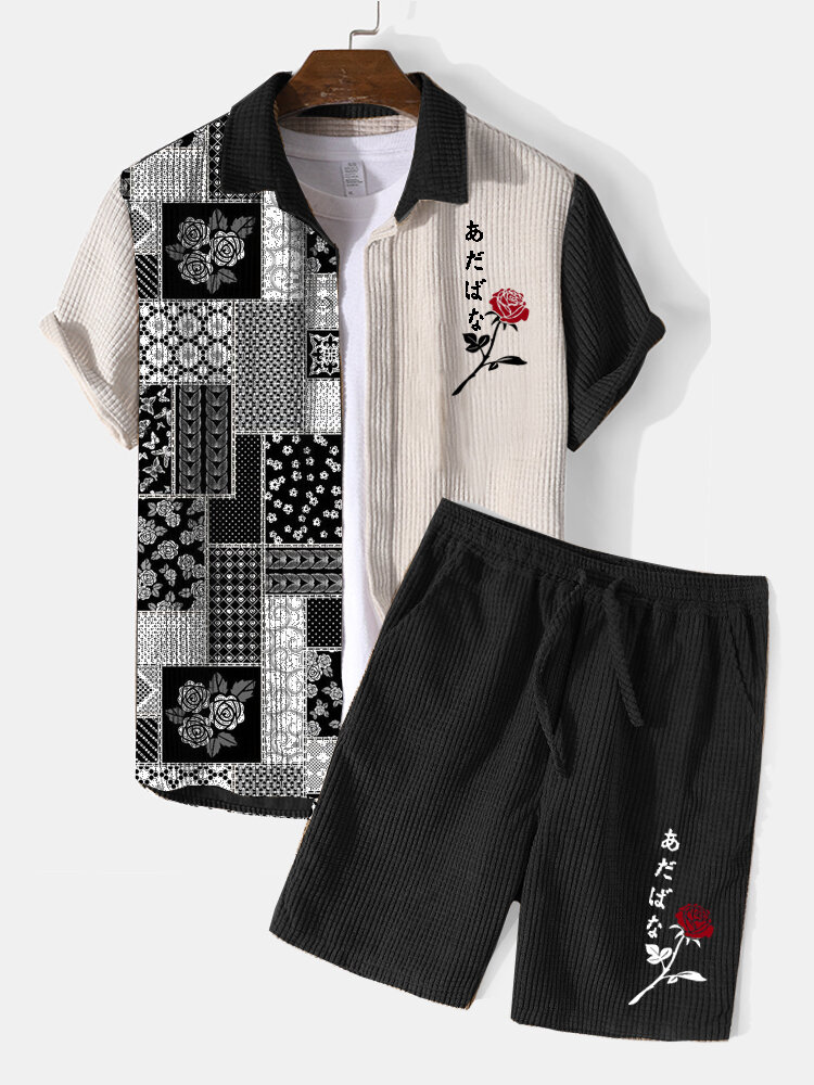 メンズ日本のバラ刺繍パッチワークコーデュロイ 2 ピース衣装