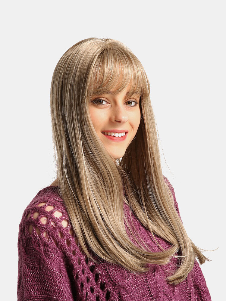 20 Inch  Mixed color Hair WigNeat Bangs Long Straight Hair Wig Vertical Natural Supple Hair Wig