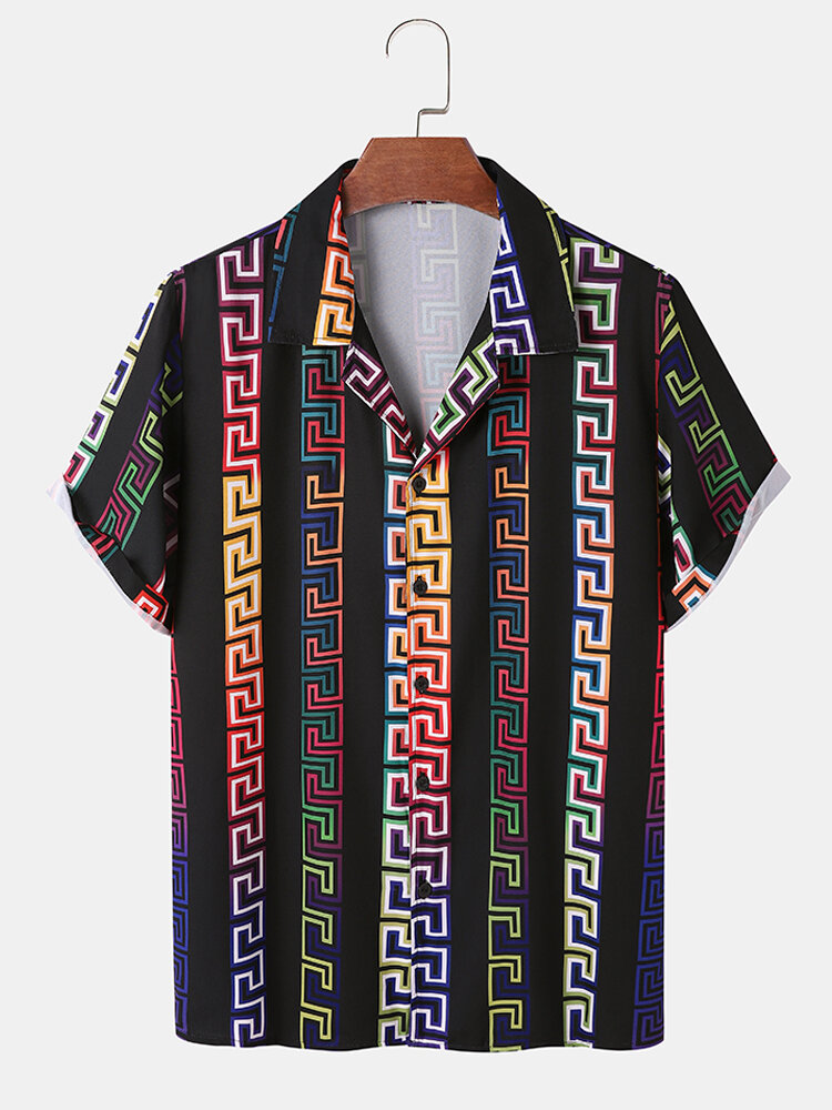 Mens Colorful Geometric Ombre Print Ethnic Style Short Sleeve Shirts