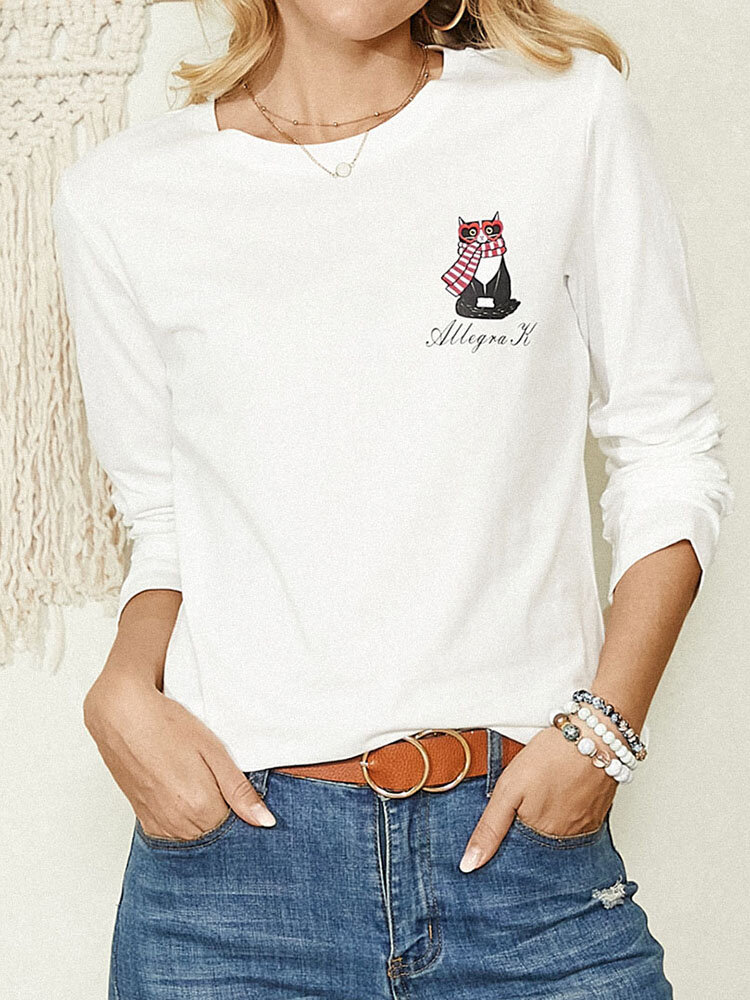 Мультфильм Кот Повседневная футболка с круглым вырезом и буквенным принтом с длинными рукавами Для Женское
