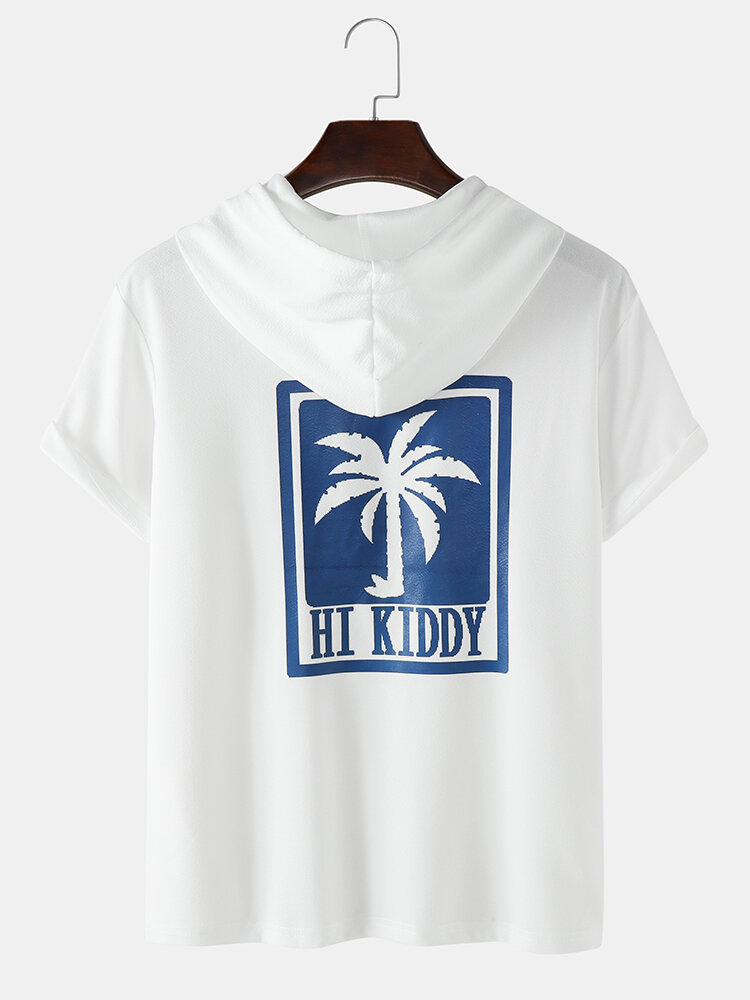 Mens Letter Coconut Tree Print Short Sleeve Hooded T-Shirt