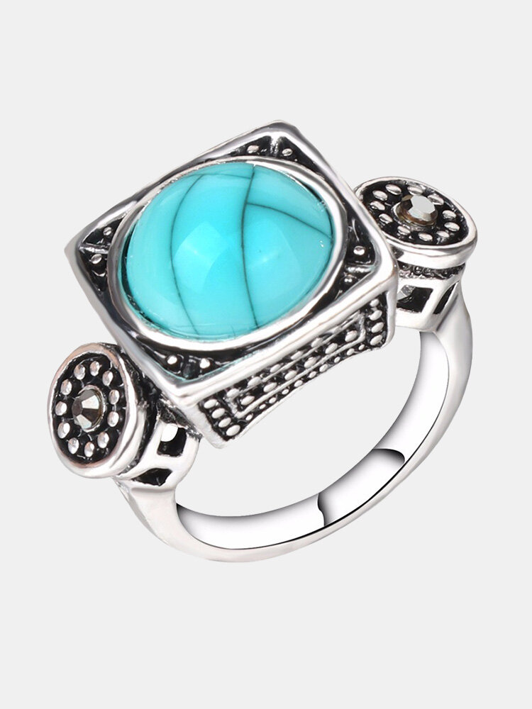 Fashion Finger Ring Blue Turquoise Crystal Geometric Antique Silver Rings Ethnic Jewelry for Men