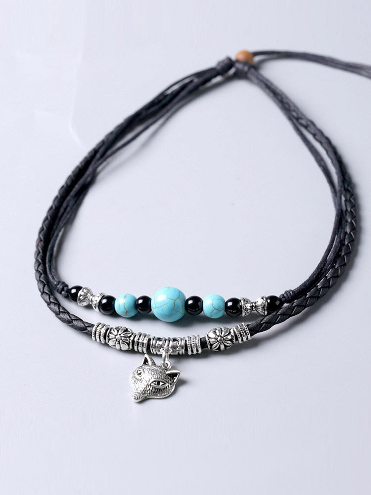 Vintage Trendy Indians And Wolf Head Shape Pendant Turquoise Alloy Wax Rope Double-layer Necklace