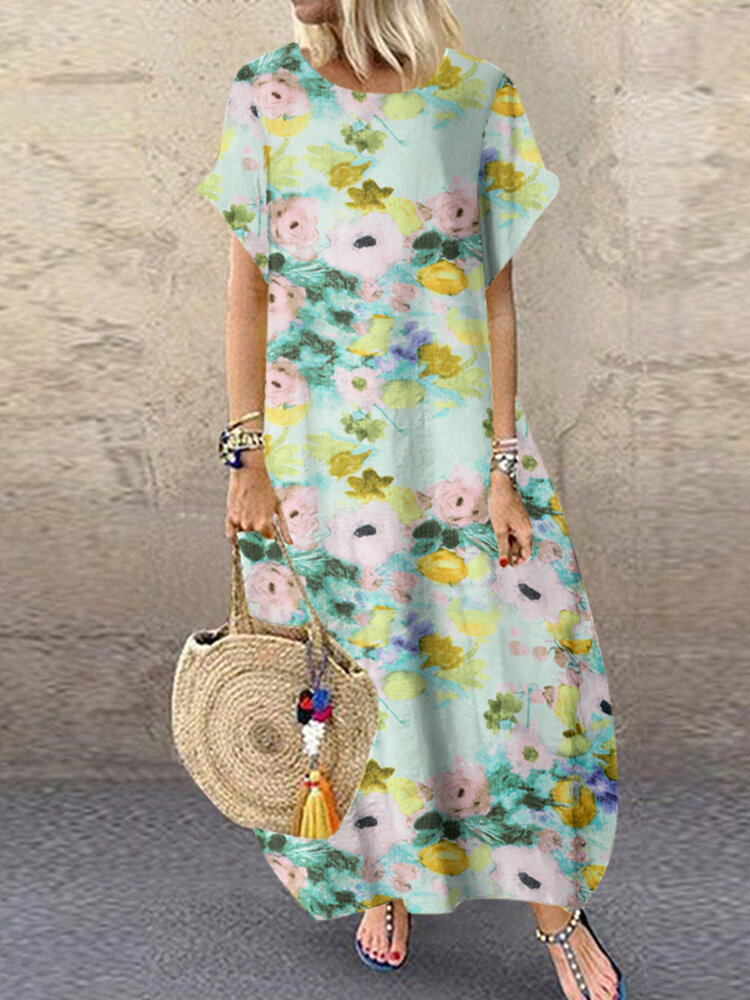 女性の水彩花柄クルーネック半袖ドレス