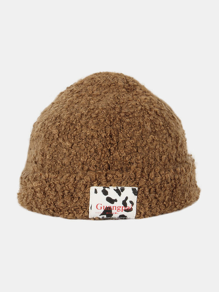 Unisex Teddy Velvet Solid Color Cow Pattern Letter Cloth Label Warmth Beanie Hat