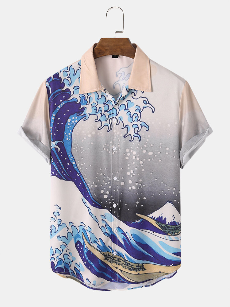Mens Wave Ukiyoe Print Button Up Japanese Style Short Sleeve Shirts