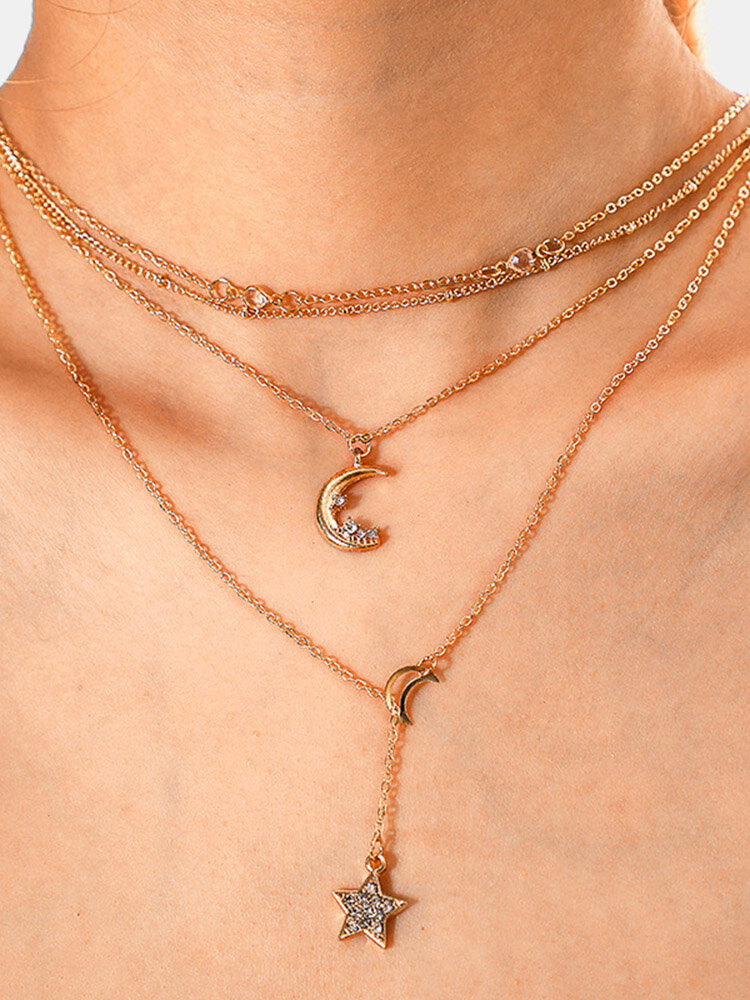 Fashion Personality Women Necklaces Pentagram Moon Diamond Mount Multilayer Pendant Necklace