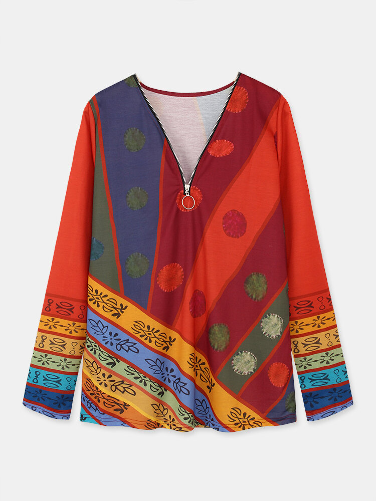 Ethnic Printed Long Sleeve V-neck Zip Front Sweatshirt For Women