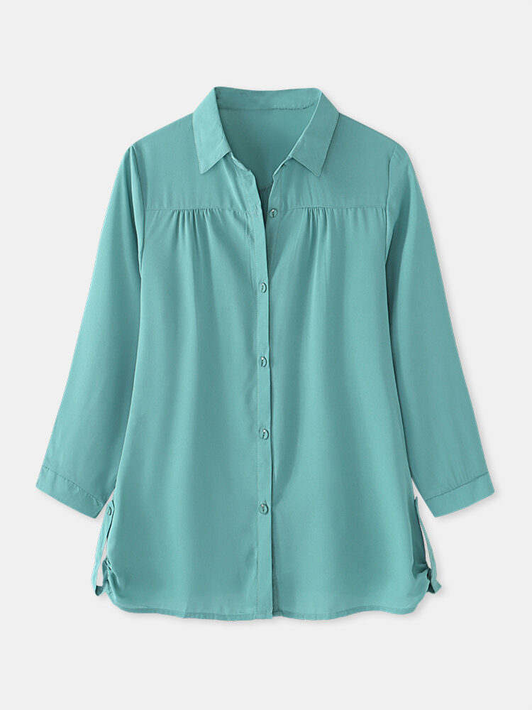 Solid Color Lapel Long Sleeve Plus Size Casual Shirt for Women