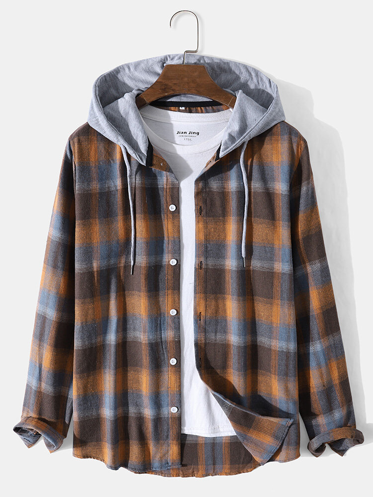 Mens Plaid Button Front Casual Long Sleeve Contrast Hooded Shirts