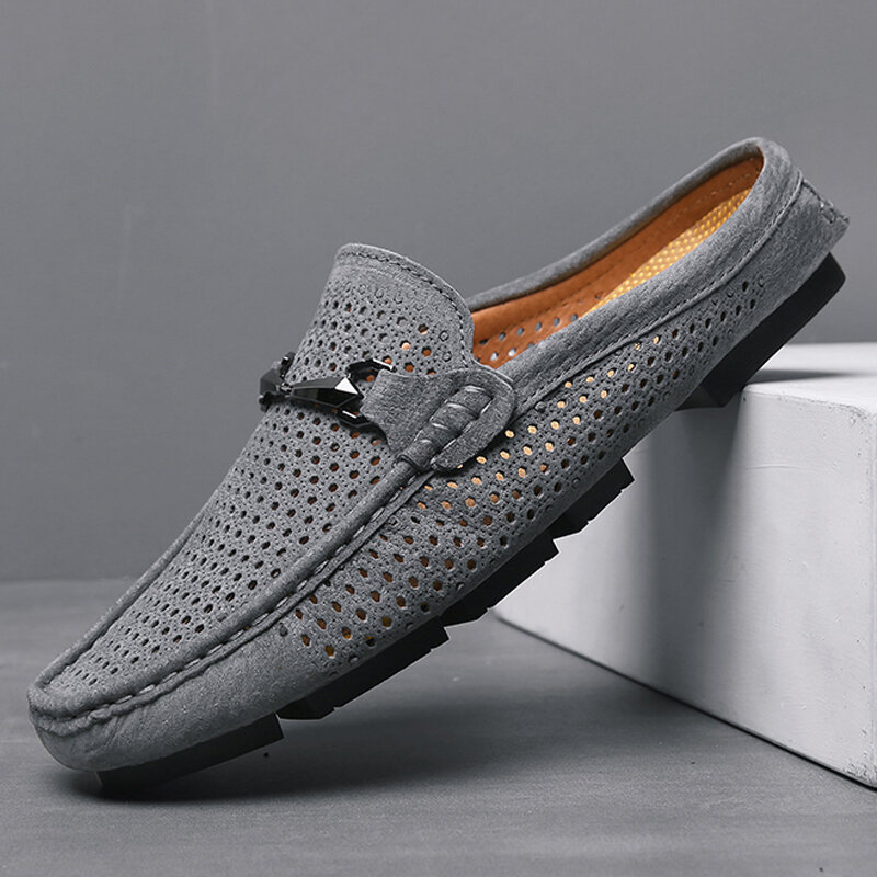 Men Breathable Hole Backless Soft Non Slip Casual Leather Loafers