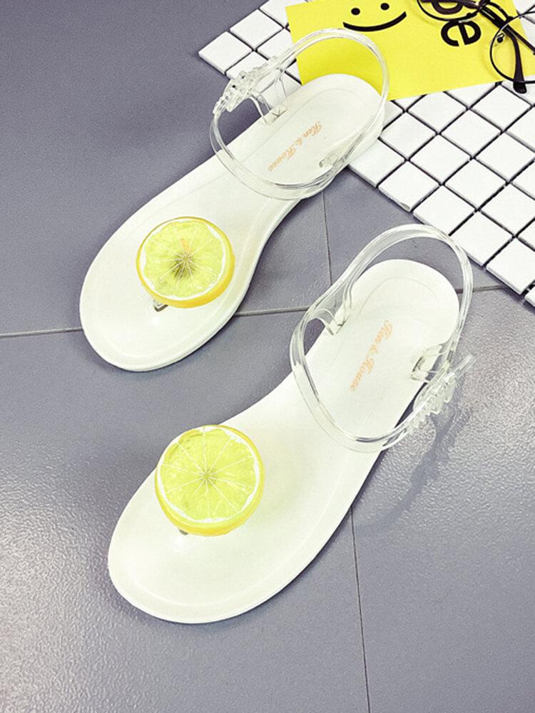 Women Casual PVC Lemon Pattern Buckle Flat Clip Toe Slippers