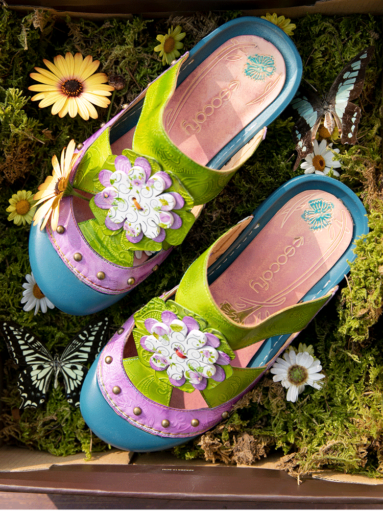 Socofiar Piel Genuina Botón de bloque de color étnico bohemio retro hecho a mano adornado con flores Soft Cómodo al aire libre zapatillas