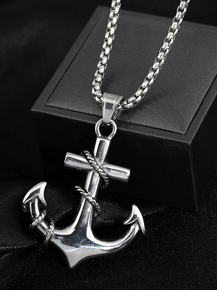 Trendy Vintage Cross Rope Anchor Shape Pendant Stainless Steel Chain Necklace