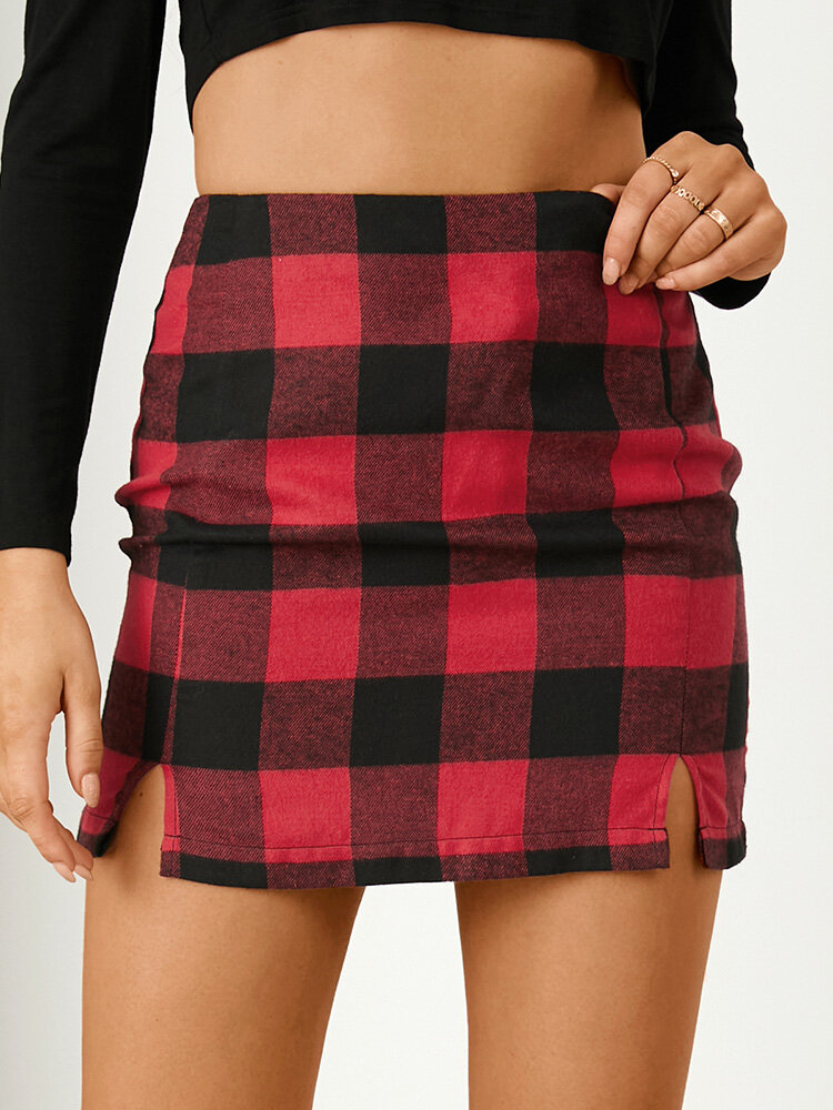 Plaid Print Slit Zipper Mini Skirt For Women
