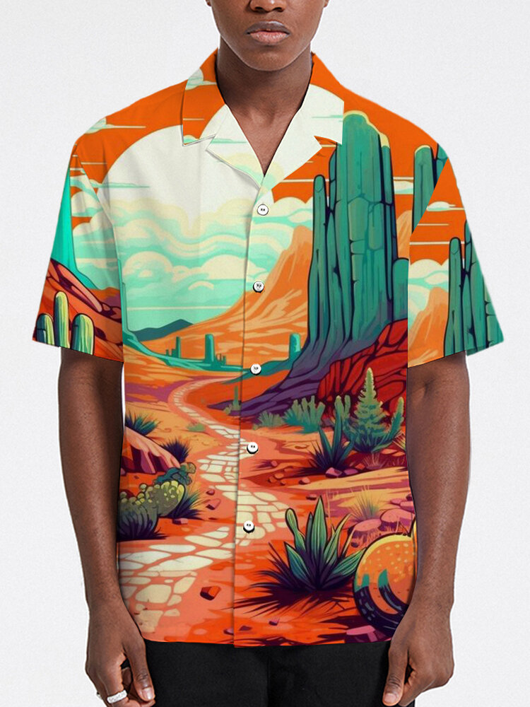 

Mens Plants Landscape Print Curved Hem Revere Collar Shirts, Orange