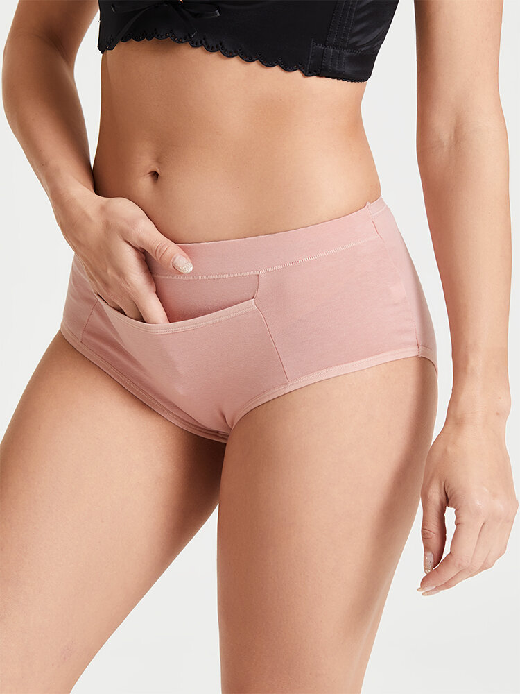 Women Front Pocket Solid Color Leakproof Menstrual Period High Waist Panties