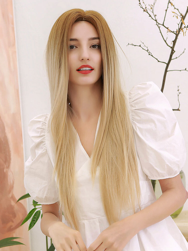 28 Inch Brown Gradient Light Gold Long Straight Hair Natural Bangs Middle Slit Fashion Elegant Fiber Wig