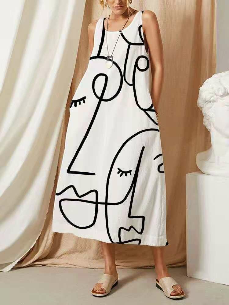 Abstract Pattern O-neck Sleeveless Vintage Pocket Print Dress For Women