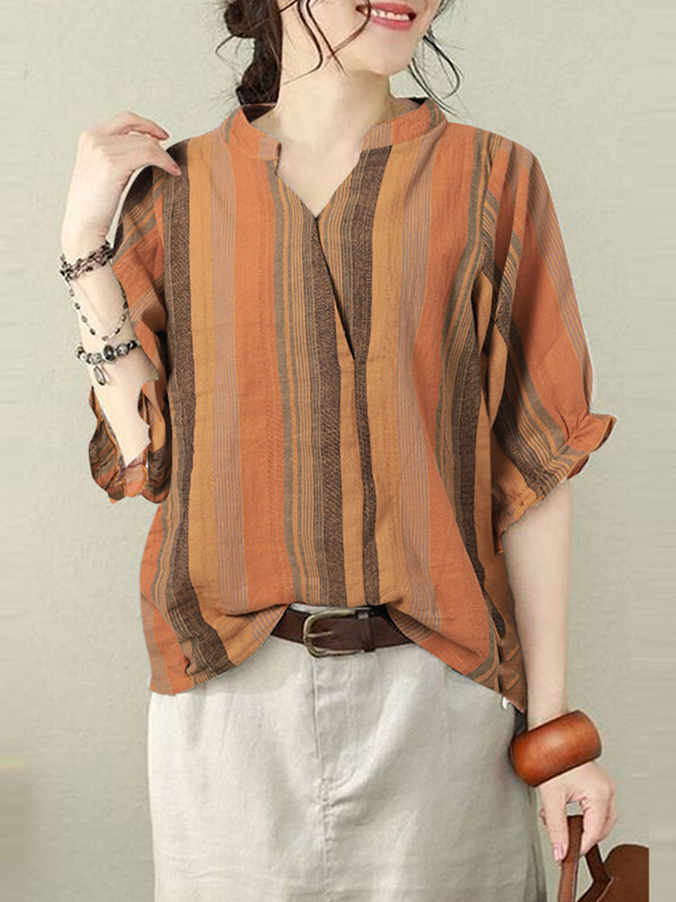 Striped Print Half Sleeve Stand Collar Casual Blouse