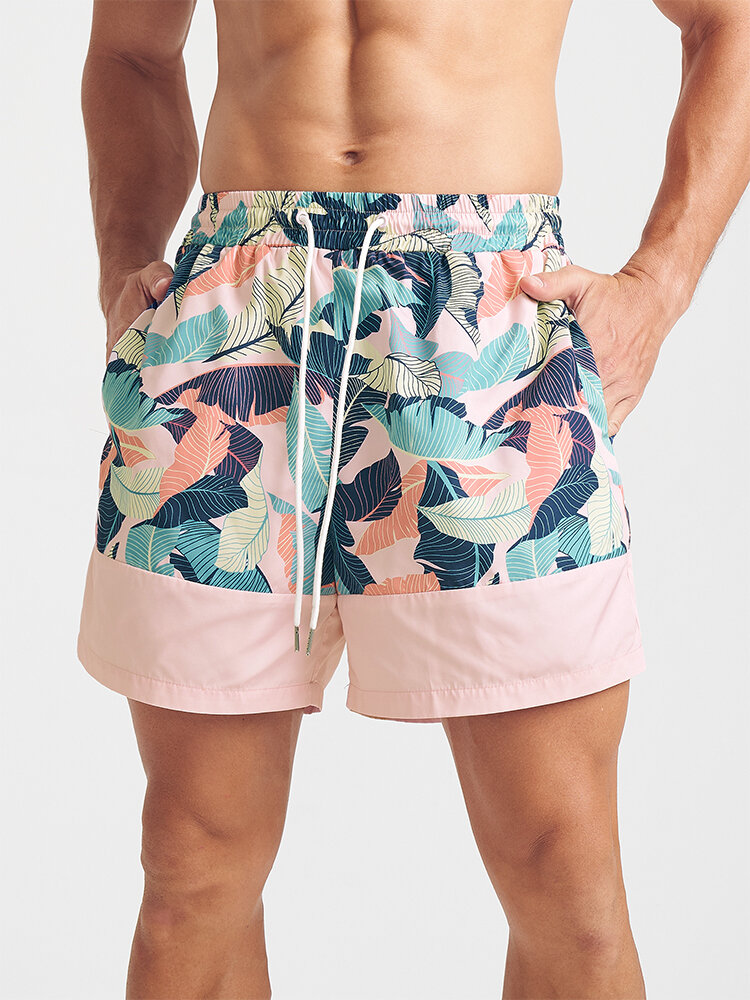 Men Tropical Leaves Mesh Inner Drawstring Beaches Shorts