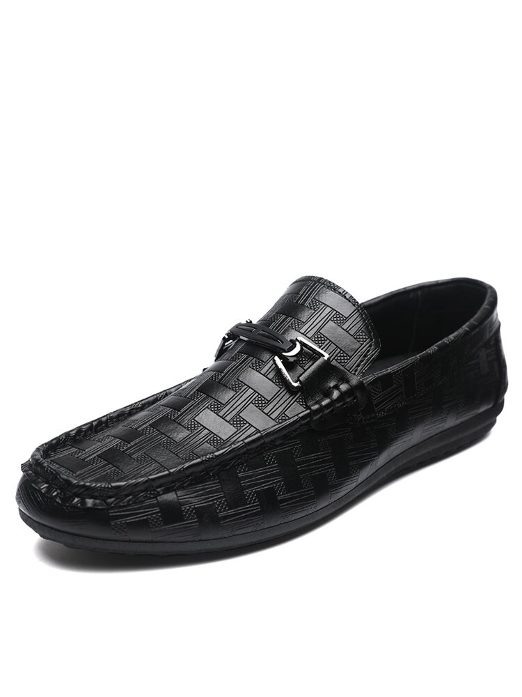 Men Black Woven Pattern Comfort Soft Slip On Driving Casual Loafers