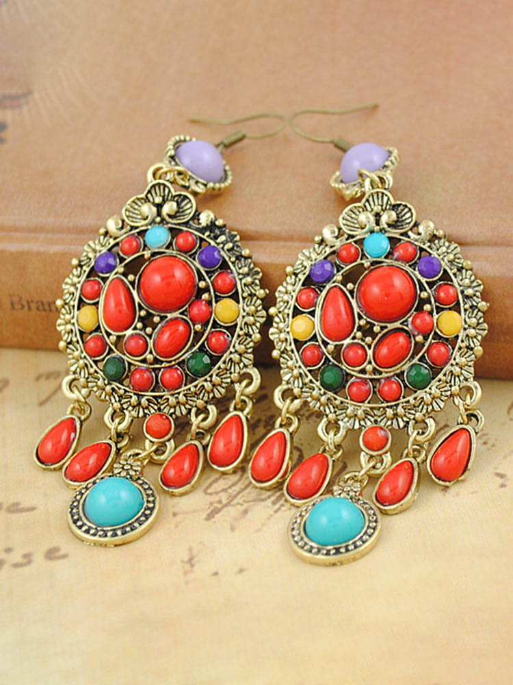 Bohemian Colorful Rice Beads Tassel Pendant Earrings Metal Geometric Water Drop Carved Earrings