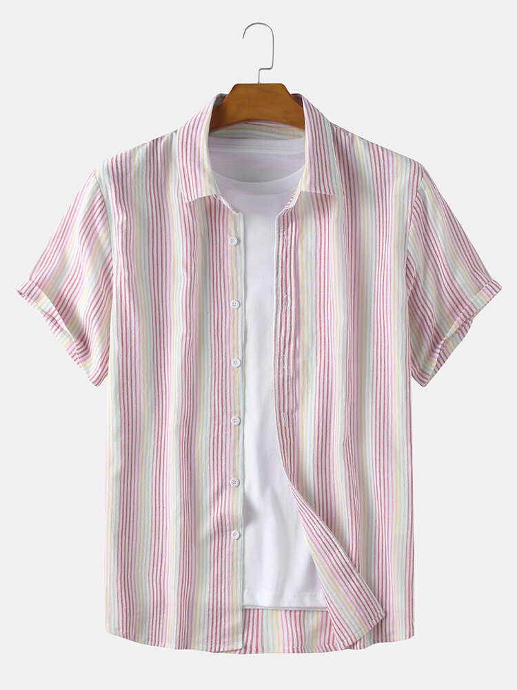 Men 100% Cotton Color Stripe Printed Holiday Casual Shirt
