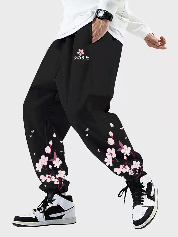Mens Cherry Blossoms Japanese Print Street Drawstring Sweatpants
