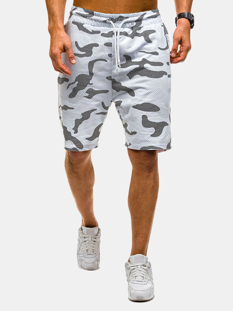 

Camo Printed Casual Jogger Shorts, White;black