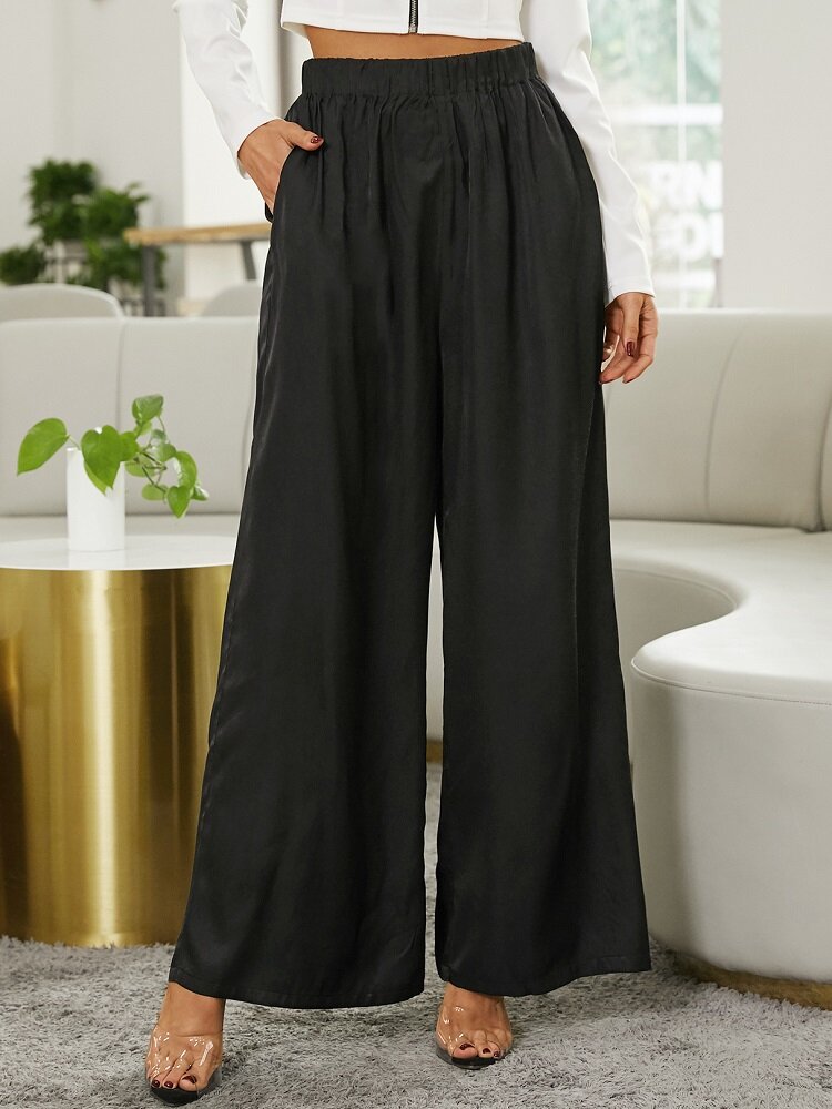 Solid Color Elastic Waist Pocket Loose Casual Pants For Women