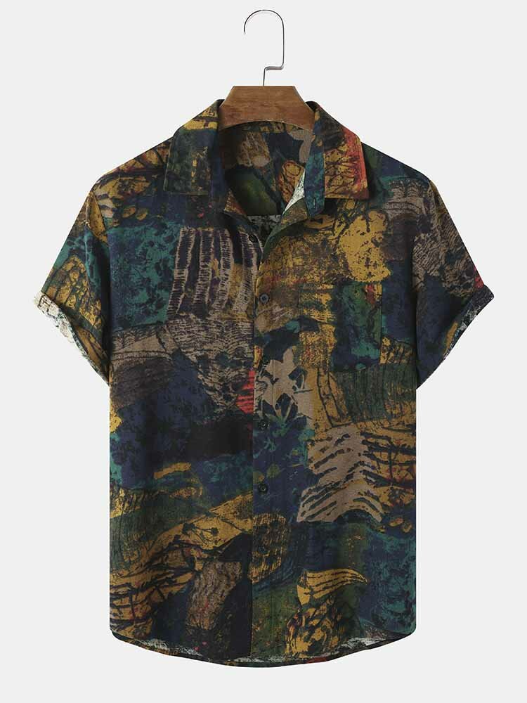 Mens Colorful Abstract Print Ethnic Style Short Sleeve Shirts