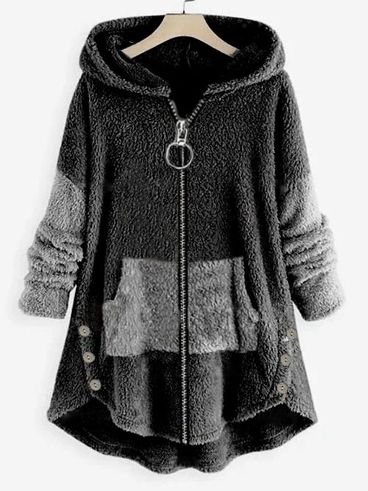 Плюшевое пальто контрастного цвета с молнией спереди, длинным рукавом и карманом на пуговицах