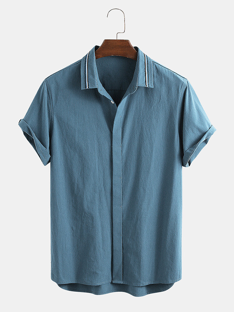 Men 100% Cotton Solid Color Hidden Buckle Holiday Casual Shirt