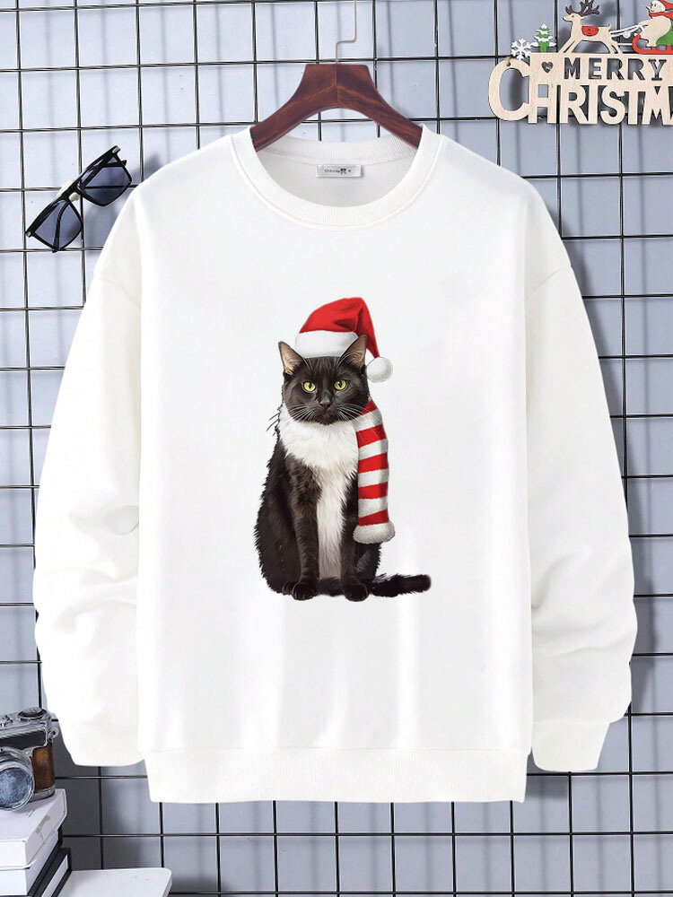 ChArmkpR Mens Christmas Hat Cat Graphic Crew Neck Pullover Sweatshirts Winter