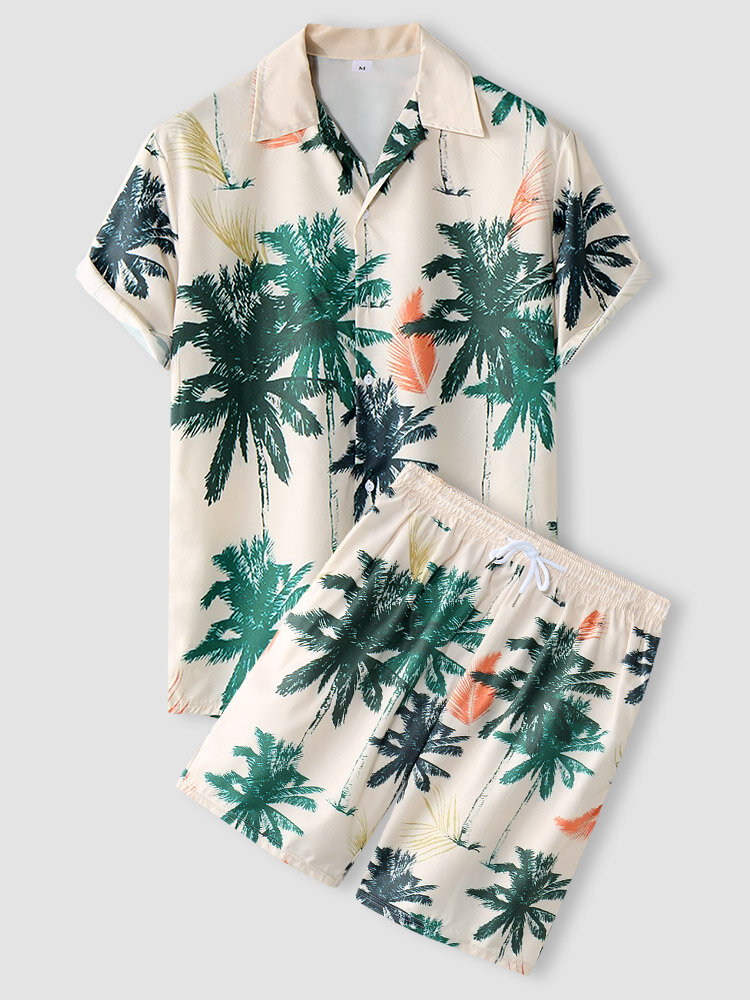 Mens Palm Tree Print Button Up Holiday Two Pieces Outfits
