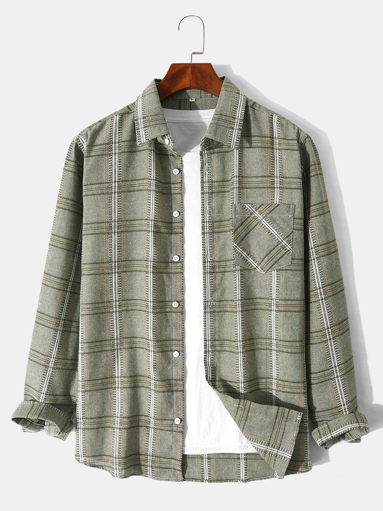 Mens Plaid Lapel Button Up Casual Long Sleeve Shirts With Pocket