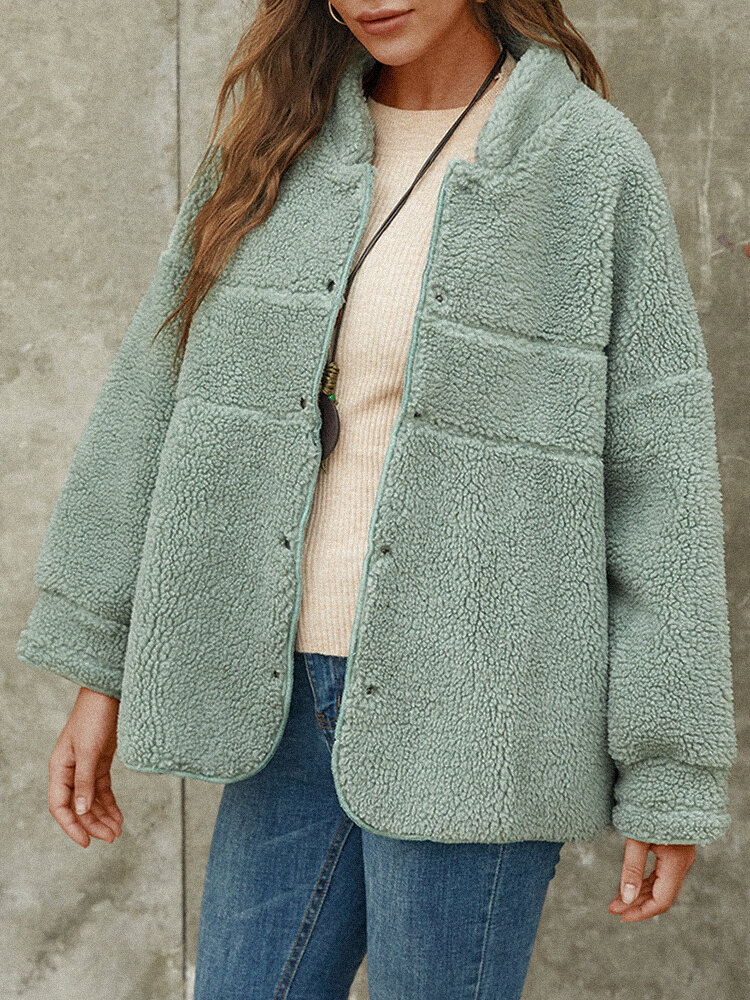 Cuello alto de lana de color sólido Plus Talla Abrigo