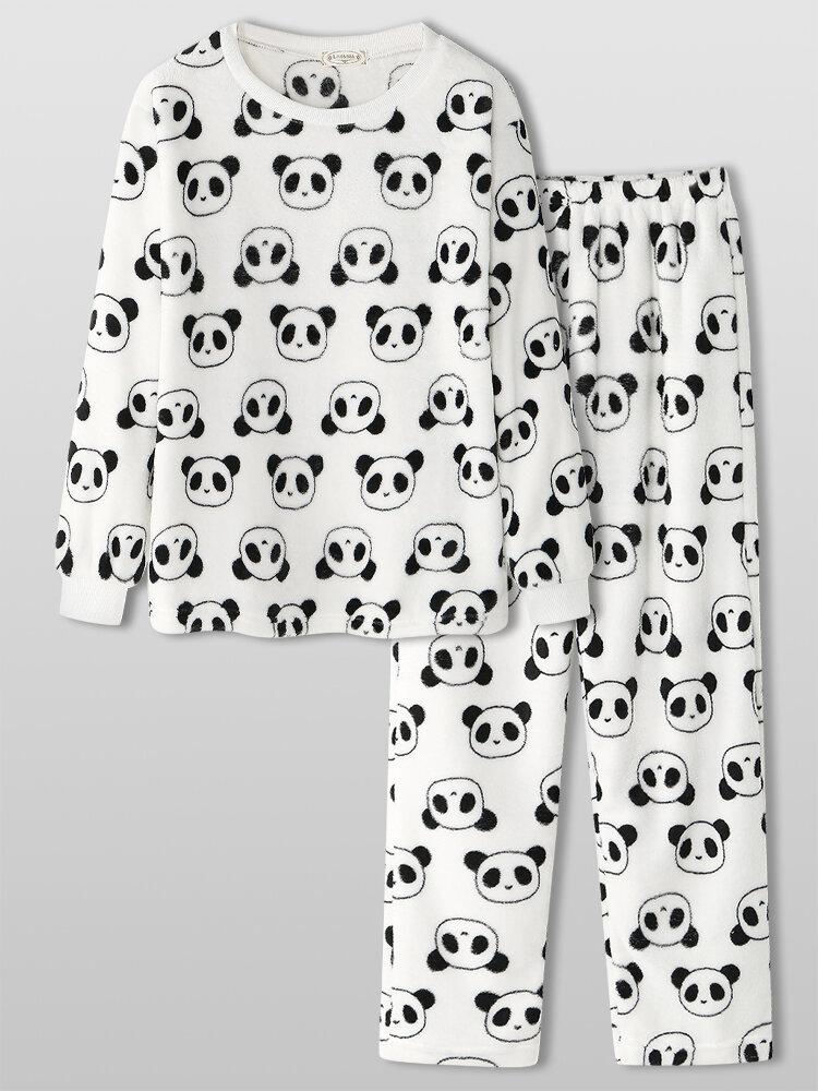 Women Cute Cartoon Panda Pattern O-Neck Plush Cozy Long Loungewear Set