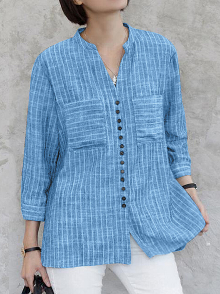 Chemise boutonnée en coton rayée à col cranté pour femme