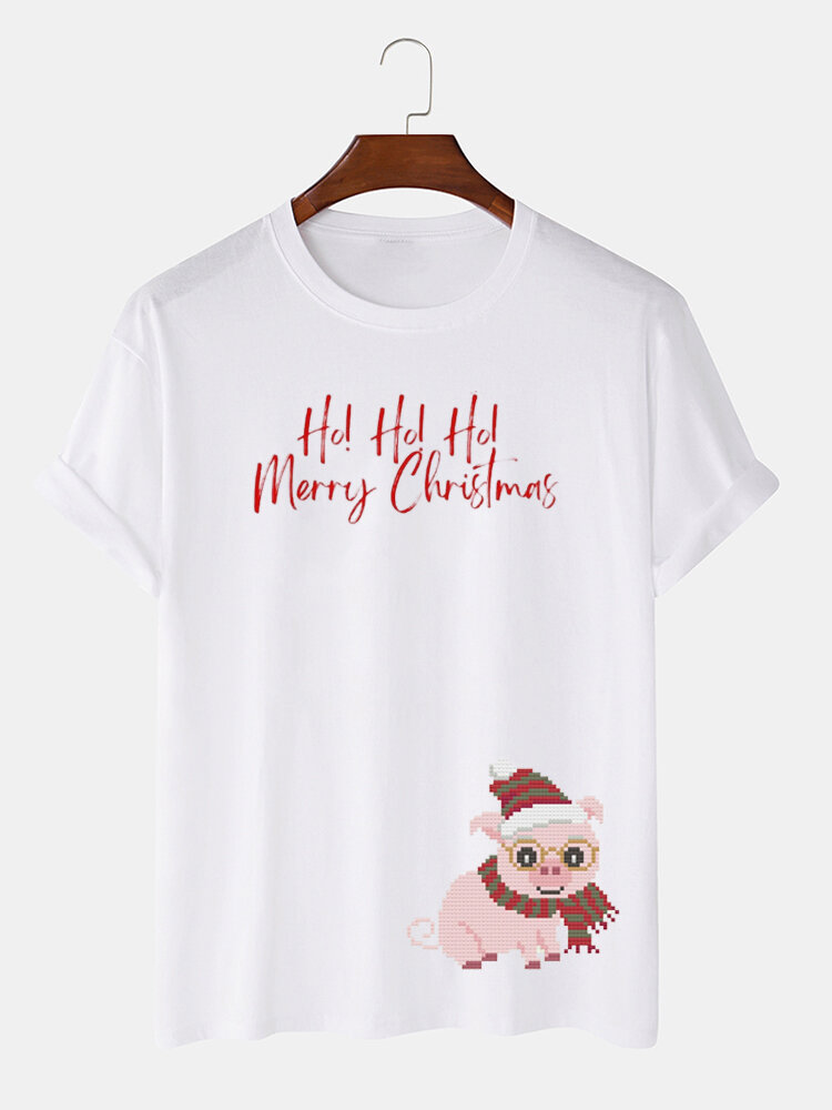 Mens Christmas Cartoon Pig Print Crew Neck Short Sleeve T-Shirts Winter
