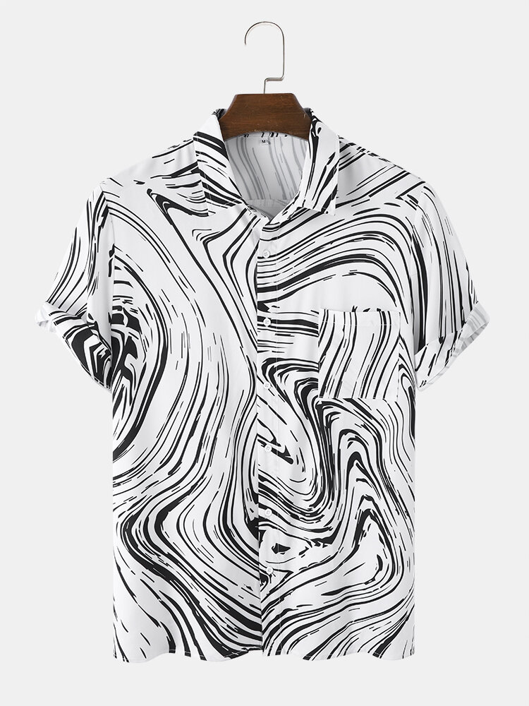 Mens Monochrome Abstract Stripe Print Short Sleeve Shirts With Pocket