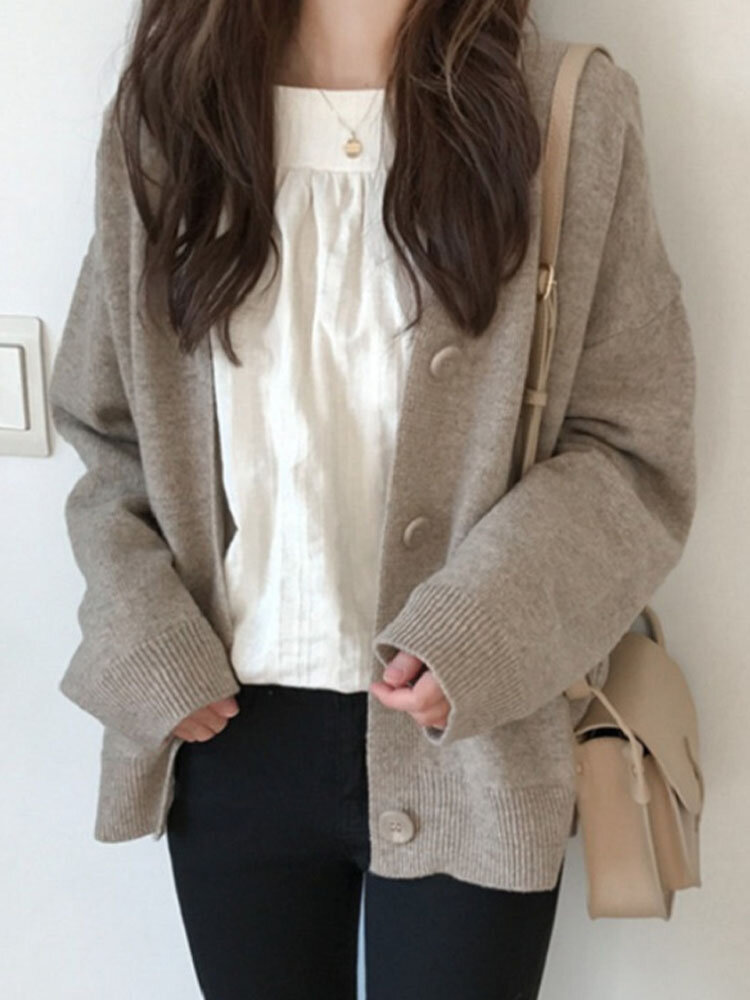 Solid Button Drop Shoulder Long Sleeve Casual Cardigan