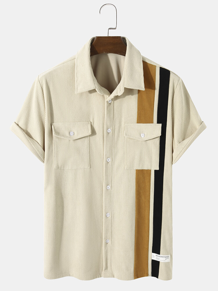 Mens Striped Patchwork Double Flap Pocket Corduroy Short Sleeve Shirts
