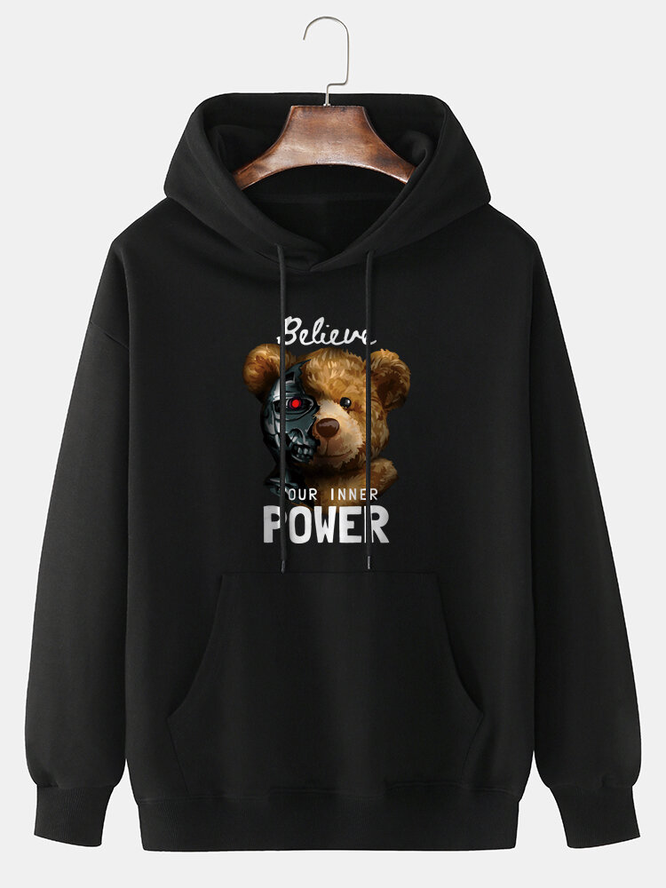 Mens Power Bear Graphic Print 100% Cotton Drawstring Pullover Hoodie