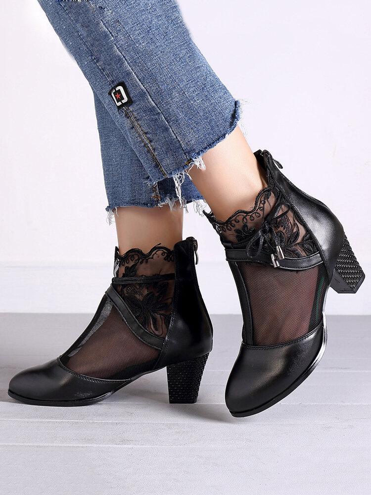Lace Breathable Zipper Chunky Heel Mesh Boots For Women