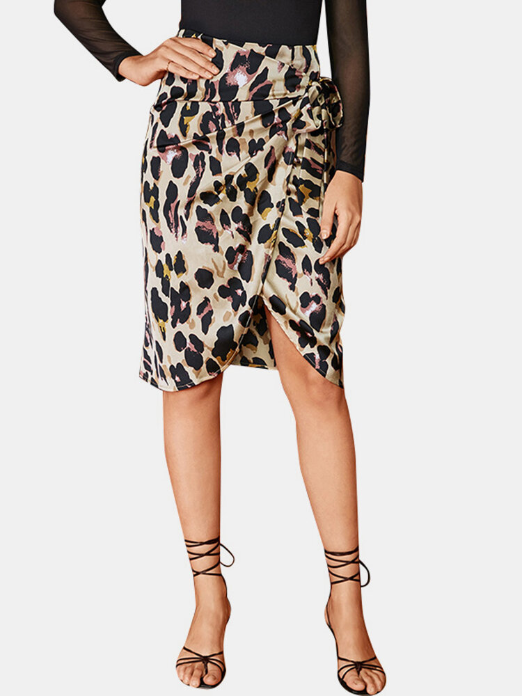 Leopard Print Knotted Asymmetrical Casual Skirt for Women
