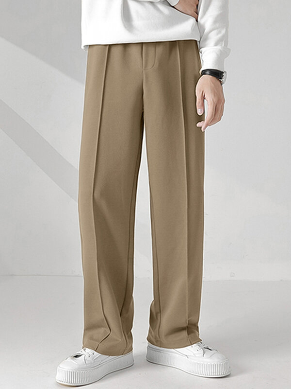 Mens Pleated Solid Casual Straight Pants